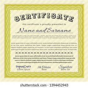 Yellow Certificate diploma or award template. With complex background. Perfect design. Vector illustration. 