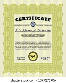 Yellow Certificate diploma or award template. Customizable, Easy to edit and change colors. With great quality guilloche pattern. Artistry design. 