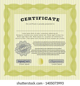 Yellow Certificate diploma or award template. Vector illustration. With linear background. Beauty design. 