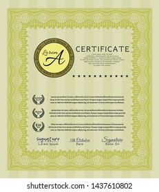 Yellow Certificate diploma or award template. With great quality guilloche pattern. Detailed. Elegant design. 