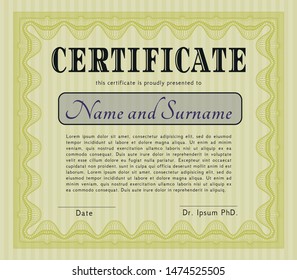 Yellow Certificate diploma or award template. Perfect design. Detailed. With guilloche pattern and background. 
