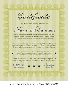 Yellow Certificate diploma or award template. With complex background. Vector illustration. Beauty design. 