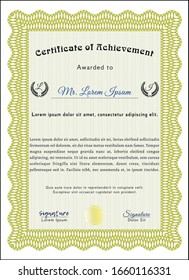 Yellow Certificate diploma or award template. Elegant design. With complex linear background. Vector illustration. 