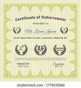 Yellow Certificate diploma or award template.  Excellent design.  With guilloche pattern and background.  Vector illustration. 
