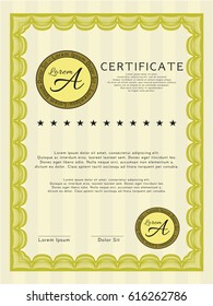Yellow Certificate diploma or award template. Vector illustration. With guilloche pattern and background. Beauty design. 