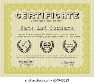 Yellow Certificate diploma or award template. Beauty design. With guilloche pattern and background. Vector illustration. 