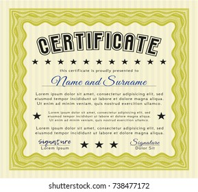 Yellow Certificate diploma or award template. With linear background. Excellent design. Detailed. 