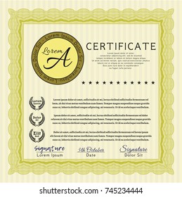 Yellow Certificate diploma or award template. Perfect design. With guilloche pattern and background. Customizable, Easy to edit and change colors. 