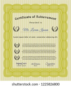 Yellow Certificate or diploma template. Artistry design. Vector illustration. Complex background. 