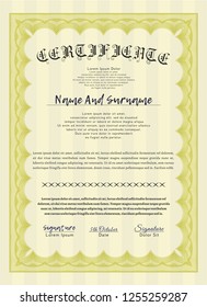 Yellow Certificate or diploma template. With background. Nice design. Vector illustration. 