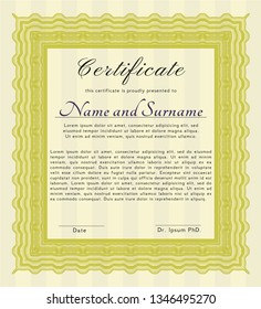 Yellow Certificate or diploma template. With background. Artistry design. Detailed. 