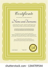 Yellow Certificate or diploma template. Beauty design. Detailed. With guilloche pattern. 