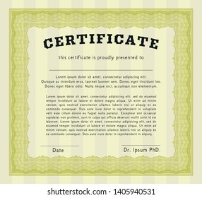 Yellow Certificate or diploma template. Beauty design. Vector illustration. With linear background. 