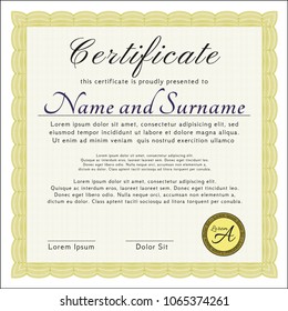 Yellow Certificate or diploma template. Complex background. Vector illustration. Modern design. 