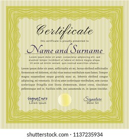 Yellow Certificate or diploma template. Complex background. Detailed. Artistry design. 