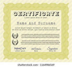 Yellow Certificate or diploma template. With complex background. Artistry design. Detailed. 