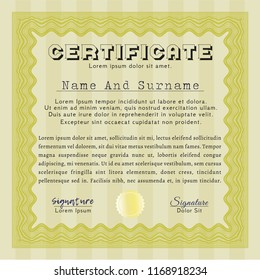 Yellow Certificate or diploma template. Complex background. Vector illustration. Money Pattern design. 