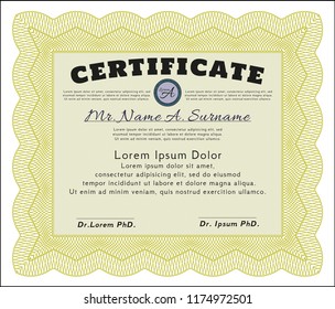 Yellow Certificate or diploma template. Complex background. Detailed. Nice design. 