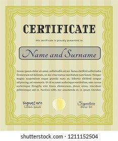 Yellow Certificate or diploma template. Complex background. Vector illustration. Good design. 
