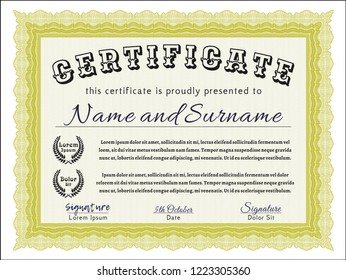 Yellow Certificate or diploma template. With complex background. Vector illustration. Good design. 