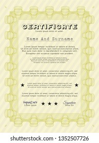 Yellow Certificate or diploma template. With complex linear background. Good design. Detailed. 