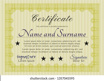 Yellow Certificate or diploma template. With complex background. Money style design. Vector illustration. 