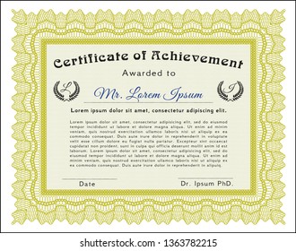 Yellow Certificate or diploma template. Complex background. Money Pattern design. Detailed. 