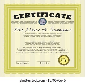 Yellow Certificate or diploma template. Complex background. Vector illustration. Cordial design. 
