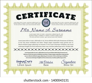 Yellow Certificate or diploma template. With complex background. Beauty design. Vector illustration. 