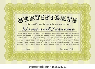 Yellow Certificate or diploma template. With complex background. Nice design. Detailed. 