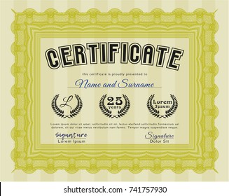 Yellow Certificate or diploma template. With complex linear background. Customizable, Easy to edit and change colors. Money design. 