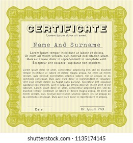 Yellow Certificate or diploma template. Cordial design. Printer friendly. Detailed. 