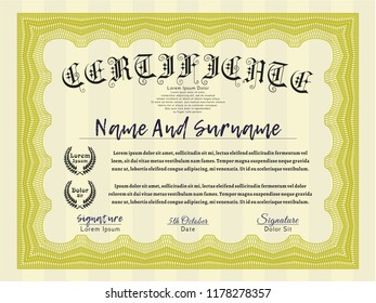 Yellow Certificate or diploma template. Cordial design. With complex linear background. Detailed. 