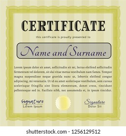 Yellow Certificate or diploma template. Cordial design. Detailed. With guilloche pattern. 