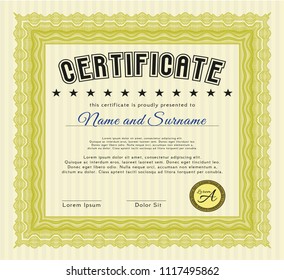 Yellow Certificate or diploma template. Customizable, Easy to edit and change colors. With guilloche pattern and background. Superior design. 