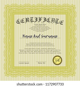 Yellow Certificate or diploma template. Customizable, Easy to edit and change colors. Printer friendly. Lovely design. 