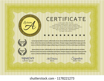 Yellow Certificate or diploma template. Customizable, Easy to edit and change colors. With guilloche pattern. Nice design. 