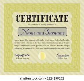 Yellow Certificate or diploma template. Customizable, Easy to edit and change colors. With guilloche pattern. Artistry design. 