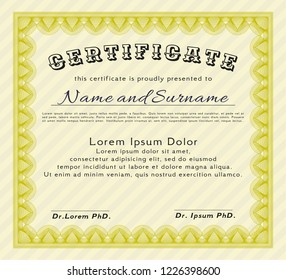 Yellow Certificate or diploma template. Customizable, Easy to edit and change colors. With great quality guilloche pattern. Superior design. 
