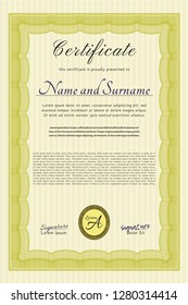 Yellow Certificate or diploma template. Customizable, Easy to edit and change colors. With guilloche pattern and background. Money Pattern. 