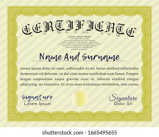 Yellow Certificate or diploma template. Customizable, Easy to edit and change colors. With guilloche pattern and background. Excellent design. 