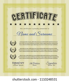 Yellow Certificate or diploma template. Detailed. With complex background. Sophisticated design. 