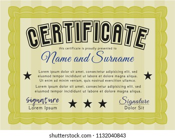 Yellow Certificate or diploma template. Detailed. With complex background. Lovely design. 