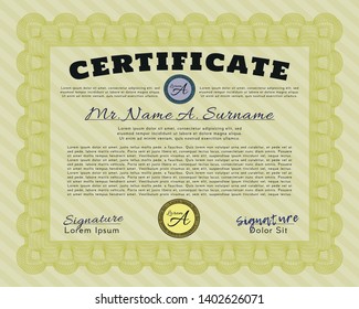 Yellow Certificate or diploma template. Detailed. With guilloche pattern. Nice design. 