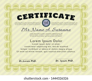 Yellow Certificate or diploma template. Detailed. With complex linear background. Money Pattern. 