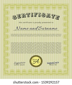 Yellow Certificate or diploma template. Detailed. With guilloche pattern and background. Cordial design. 