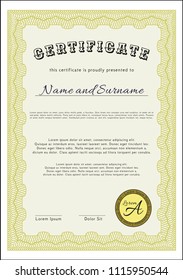Yellow Certificate or diploma template. Easy to print. Detailed. Money Pattern. 