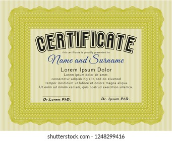 Yellow Certificate or diploma template. Easy to print. Vector illustration. Artistry design. 