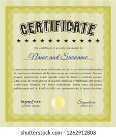 Yellow Certificate or diploma template. Easy to print. Excellent design. Customizable, Easy to edit and change colors. 
