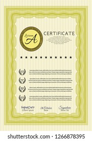 Yellow Certificate or diploma template. Easy to print. Customizable, Easy to edit and change colors. Retro design. 